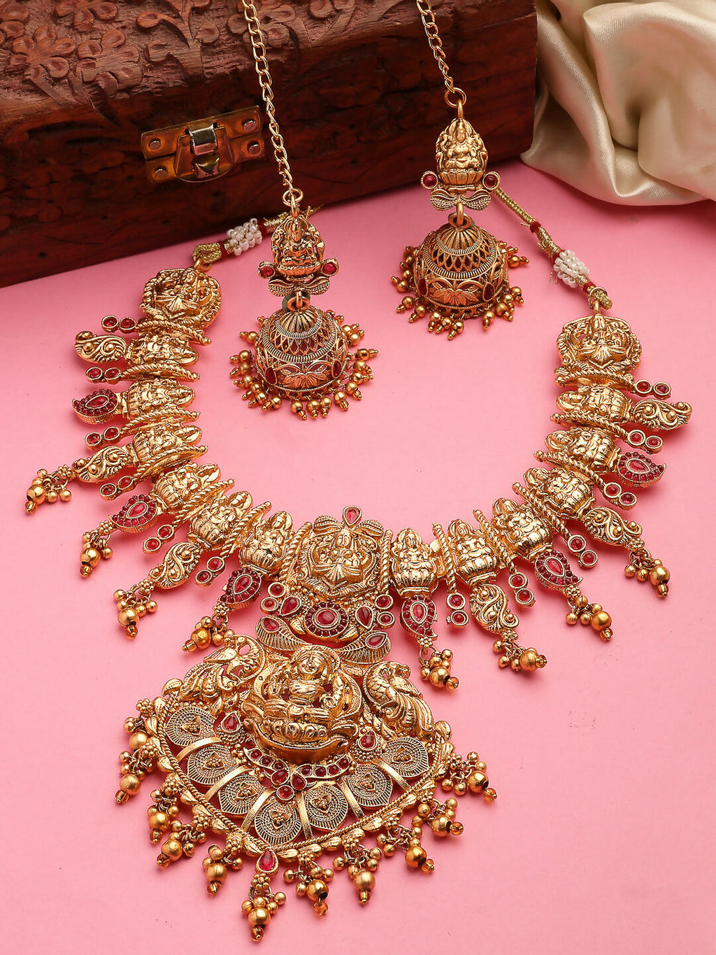 NVR Women's Gold-Polished Pink Stone Studded Lakshmi Temple Jewellery Set | Grocsy