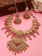 NVR Women's Gold-Polished Pink Stone Studded Lakshmi Temple Jewellery Set | Grocsy