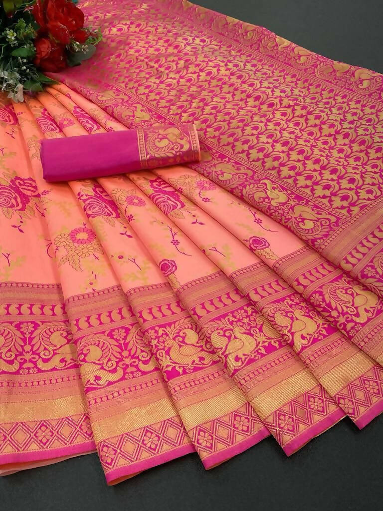 DEIANA'S Beautiful Designer Golden zari Soft Lichi Silk Saree - Peach | Grocsy