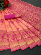 DEIANA'S Beautiful Designer Golden zari Soft Lichi Silk Saree - Peach | Grocsy