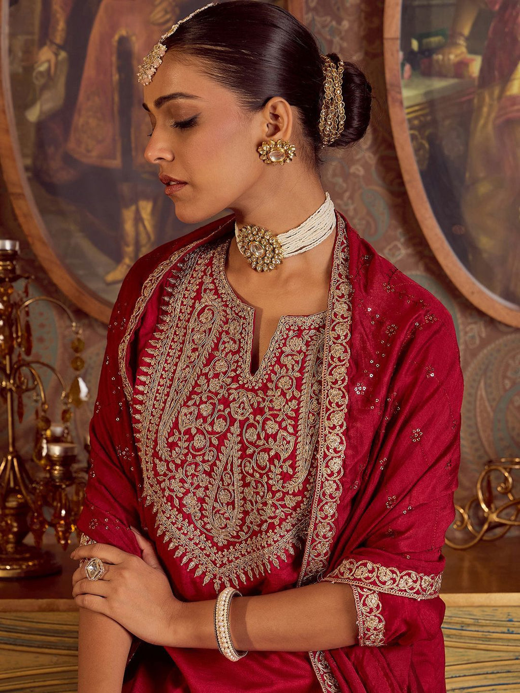 Indo Era Ethnic Floral Embroidered Zari Work Detail Regular Sleeves Round Neck Kurta Set | Grocsy