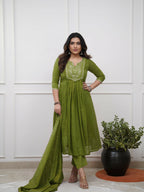 The52 Women's Beautiful Cotton Fabric Embroidery Work Straight Kurta Pant and Dupatta Set | Grocsy