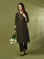 Myshka Women's Black Printed Cotton Straight Party Kurta Set | Grocsy