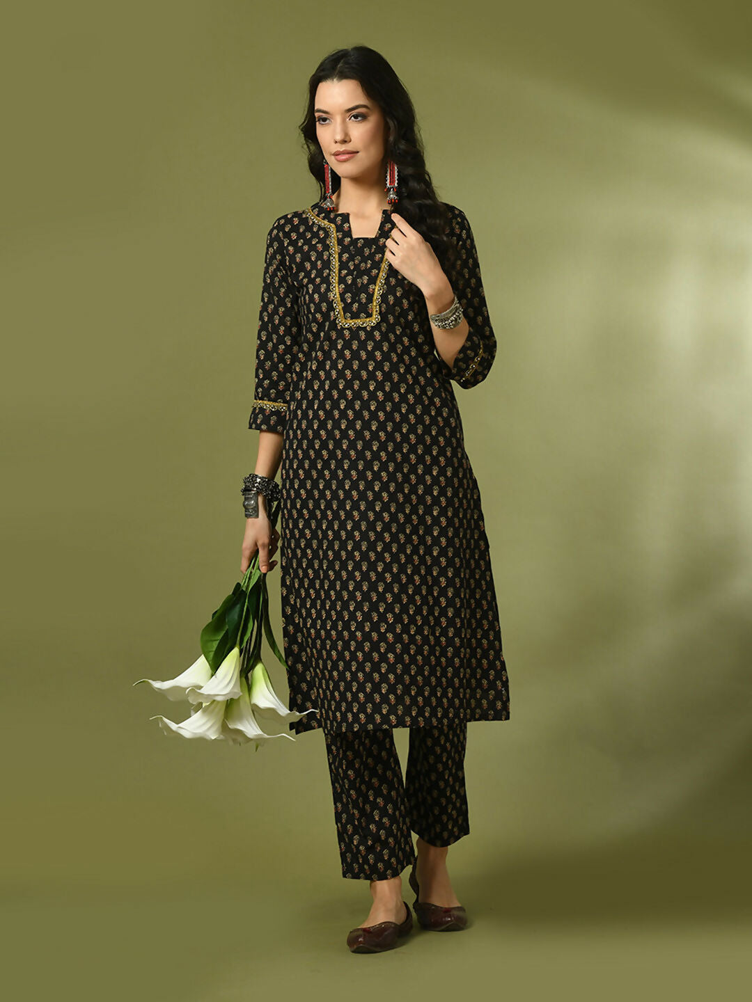 Myshka Women's Black Printed Cotton Straight Party Kurta Set | Grocsy