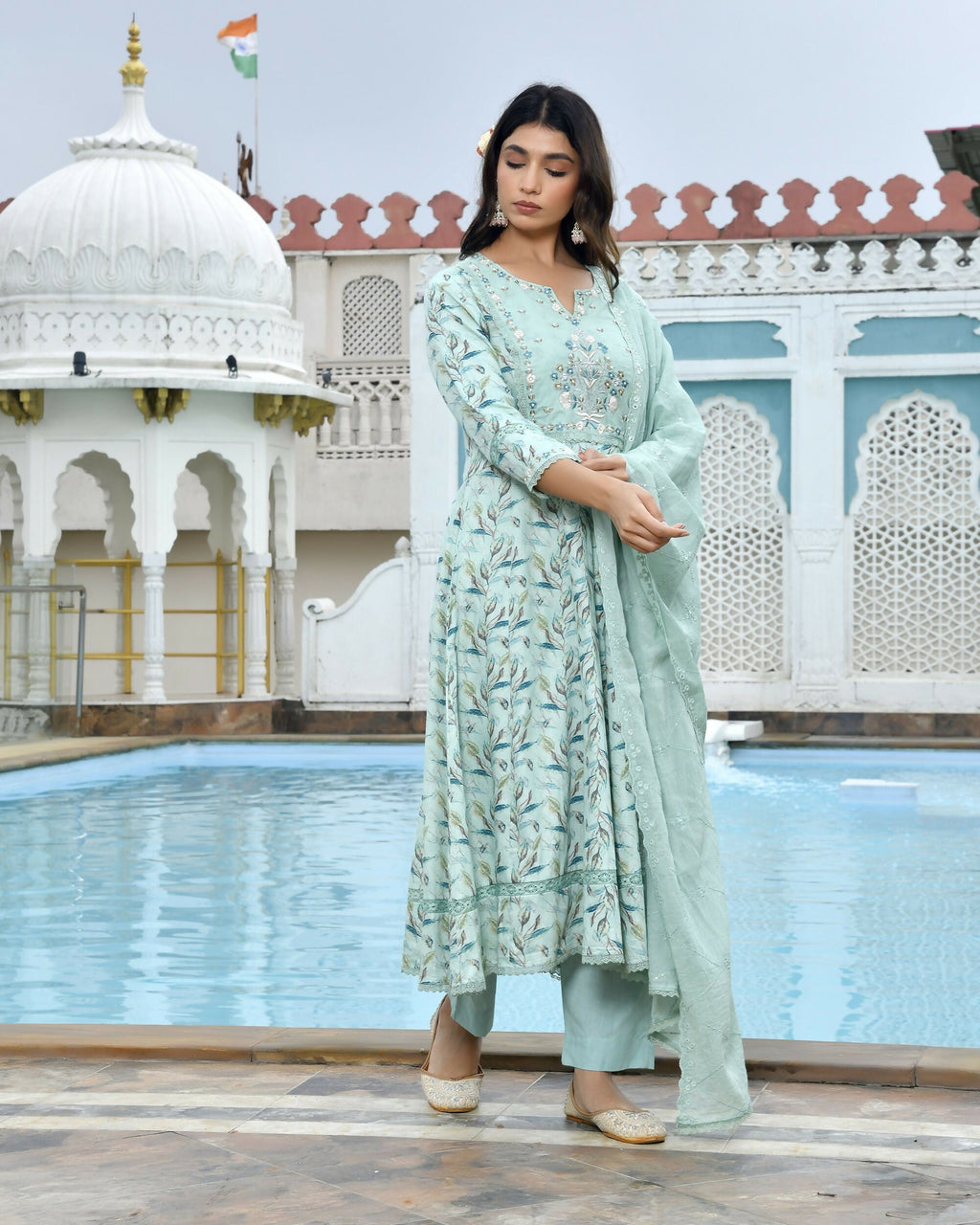 Vaasva Women's Sky Blue Cotton Anarkali Set With Solid Pant And Embroidered Dupatta | Grocsy