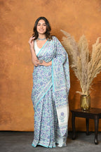 Very Much Indian Handblock Printed Cotton Saree With Natural Dyes - White | Grocsy