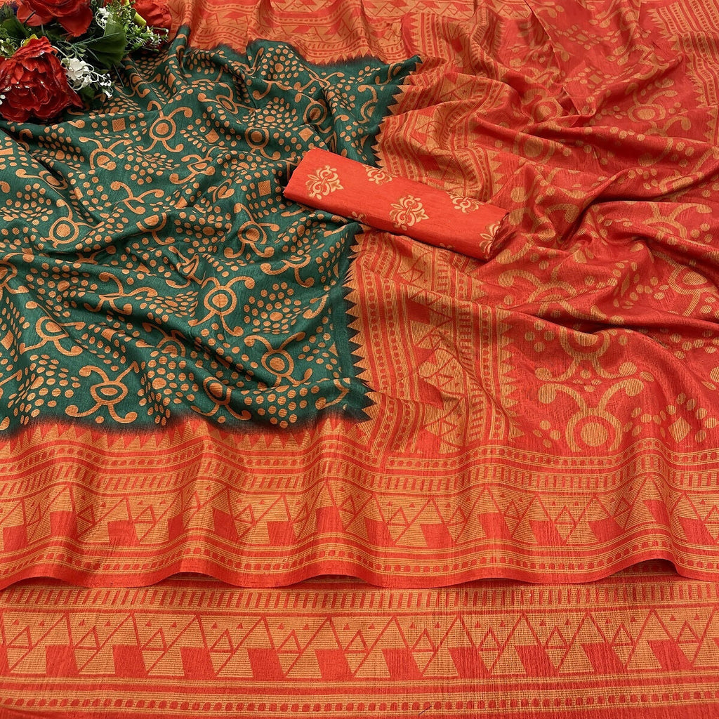 Vamika Green Printed Art Silk Saree | Grocsy