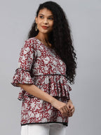 Yufta Women Red & White Bell Sleeve Layered Handblock Ethnic Motifs Print Regular Top | Grocsy