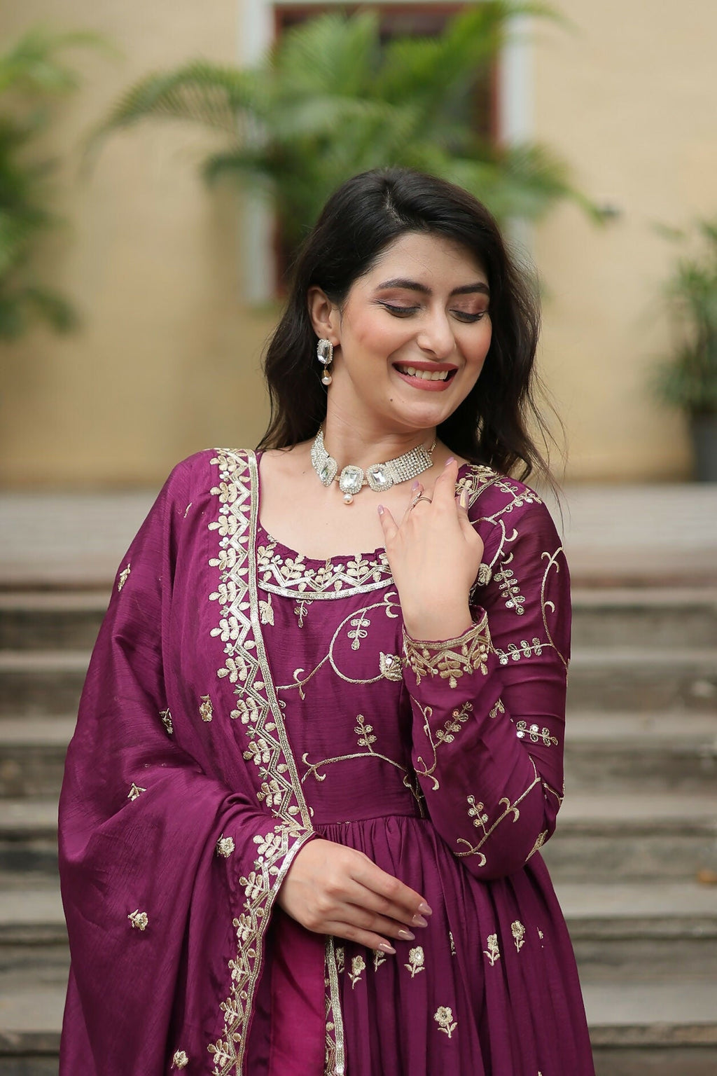 Joban Fashion Wine chinon Sequence Embroidery Work Kurta Set | Grocsy