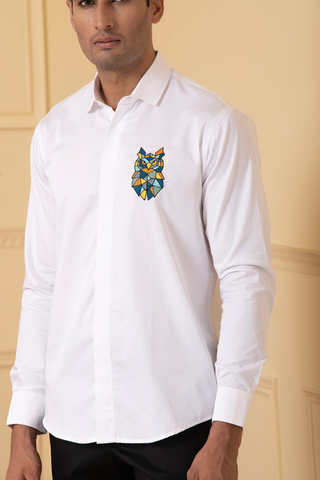Owl Multicolor Thread Embroidery Shirt by Hilo Design | Grocsy