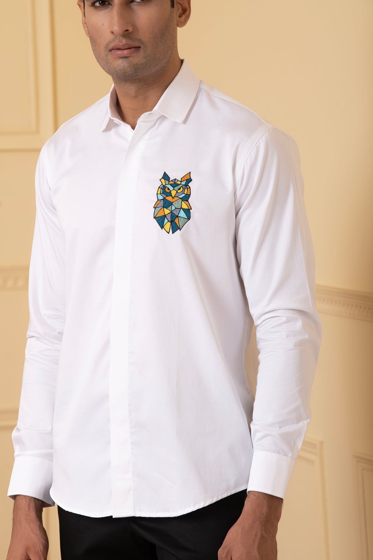 Owl Multicolor Thread Embroidery Shirt by Hilo Design | Grocsy