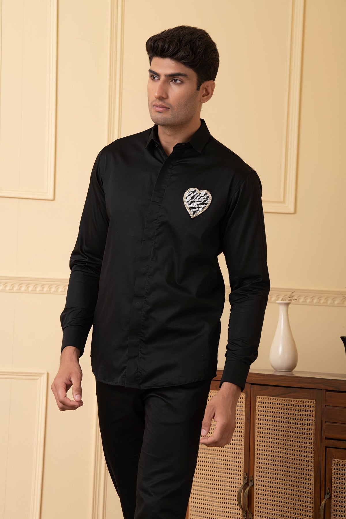White And Black Heart Shaped Patch Shirt by Hilo Design | Grocsy