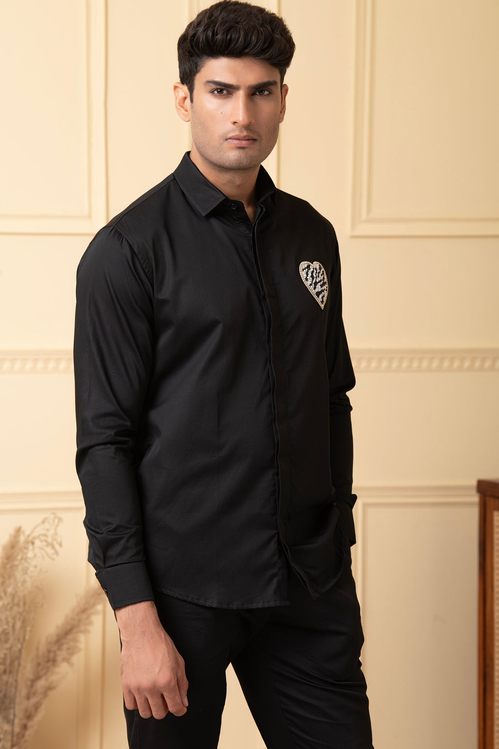 White And Black Heart Shaped Patch Shirt by Hilo Design | Grocsy