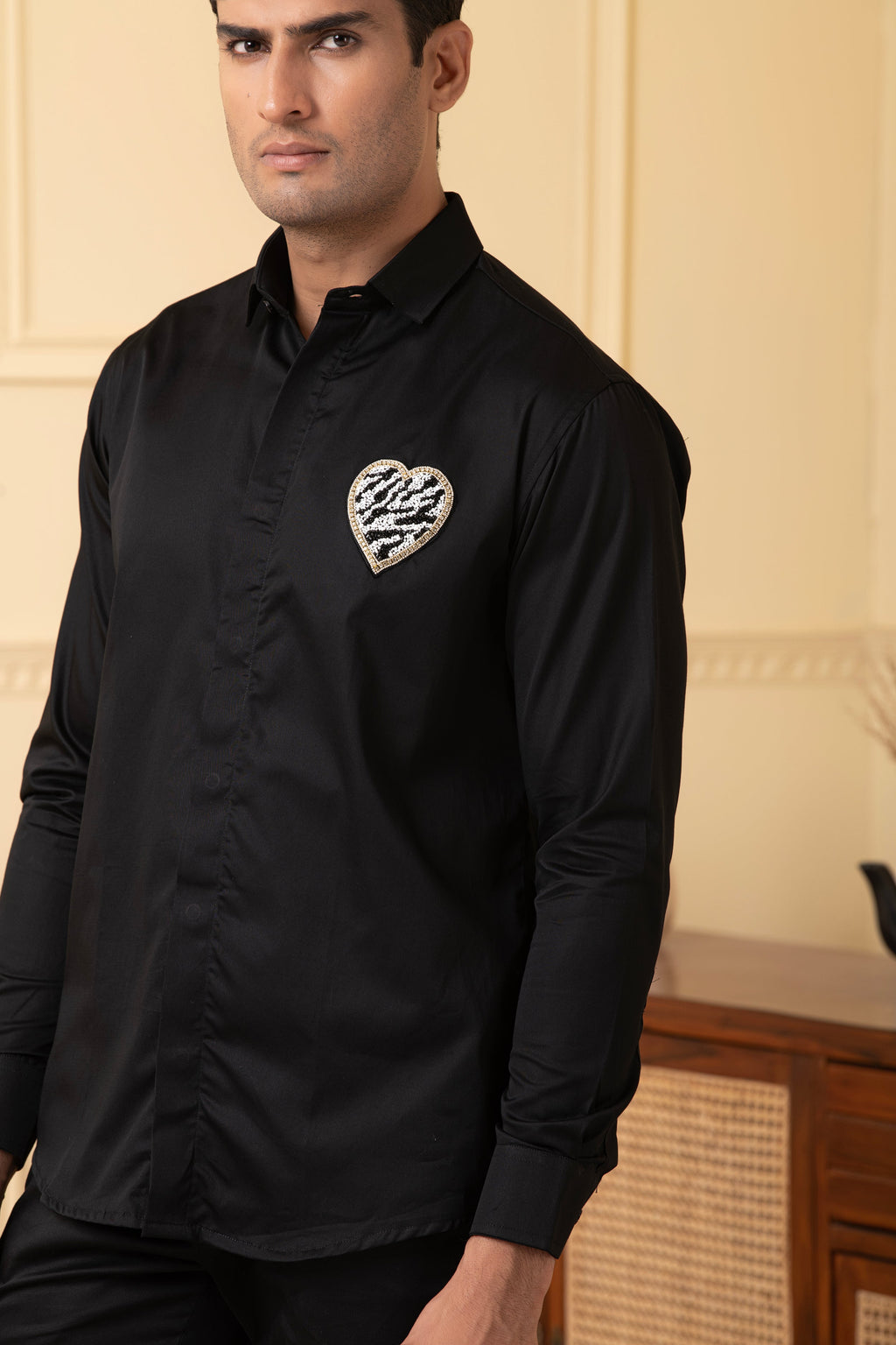 White And Black Heart Shaped Patch Shirt by Hilo Design | Grocsy