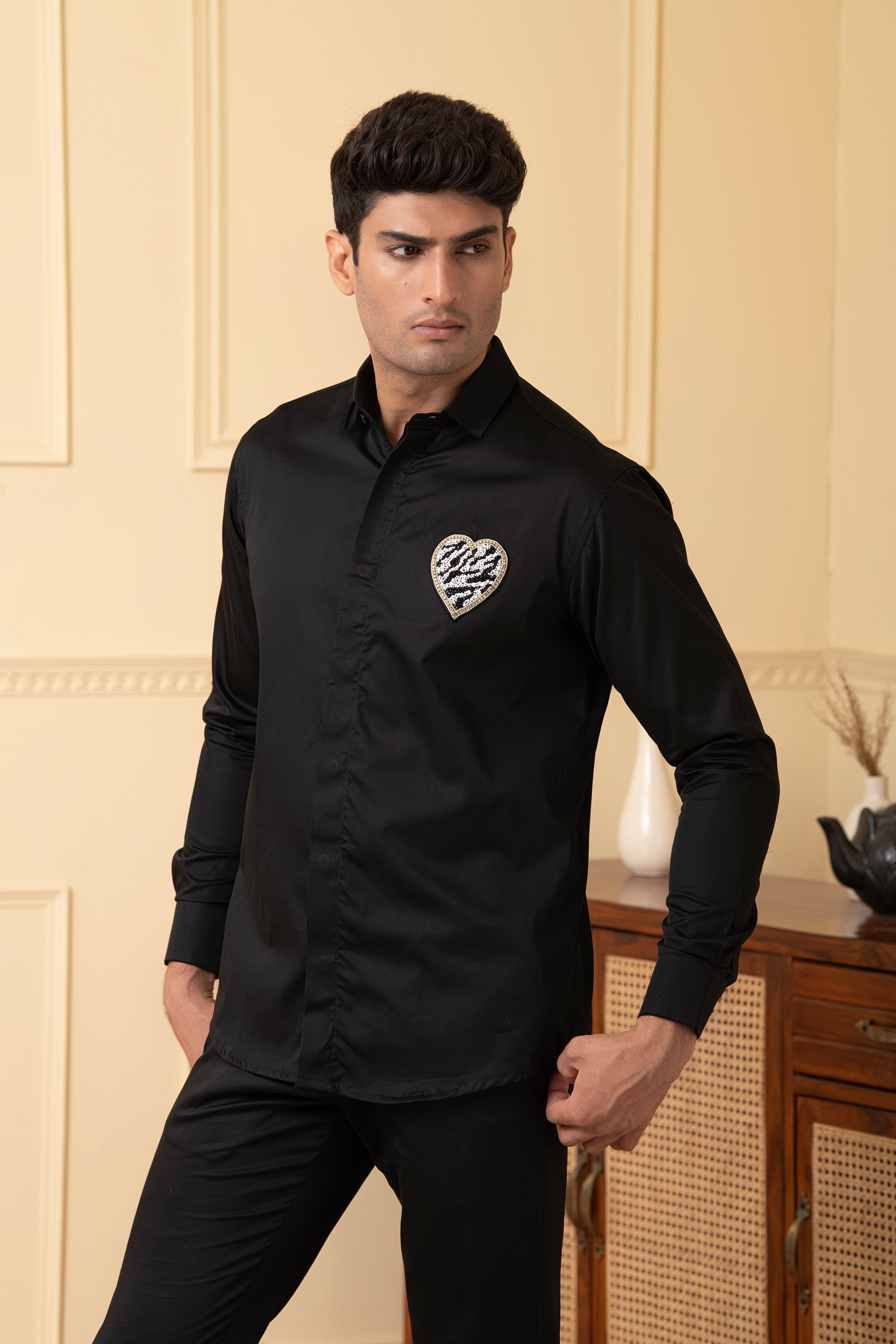 White And Black Heart Shaped Patch Shirt by Hilo Design | Grocsy