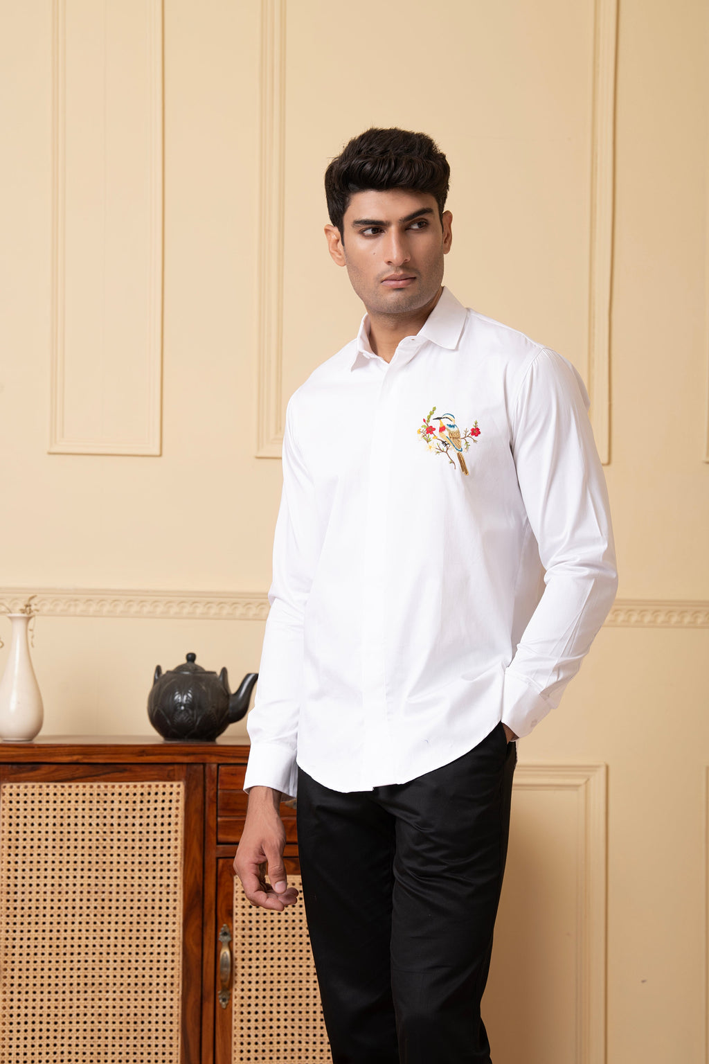 Bird And Stem Embroidery Shirt by Hilo Design | Grocsy