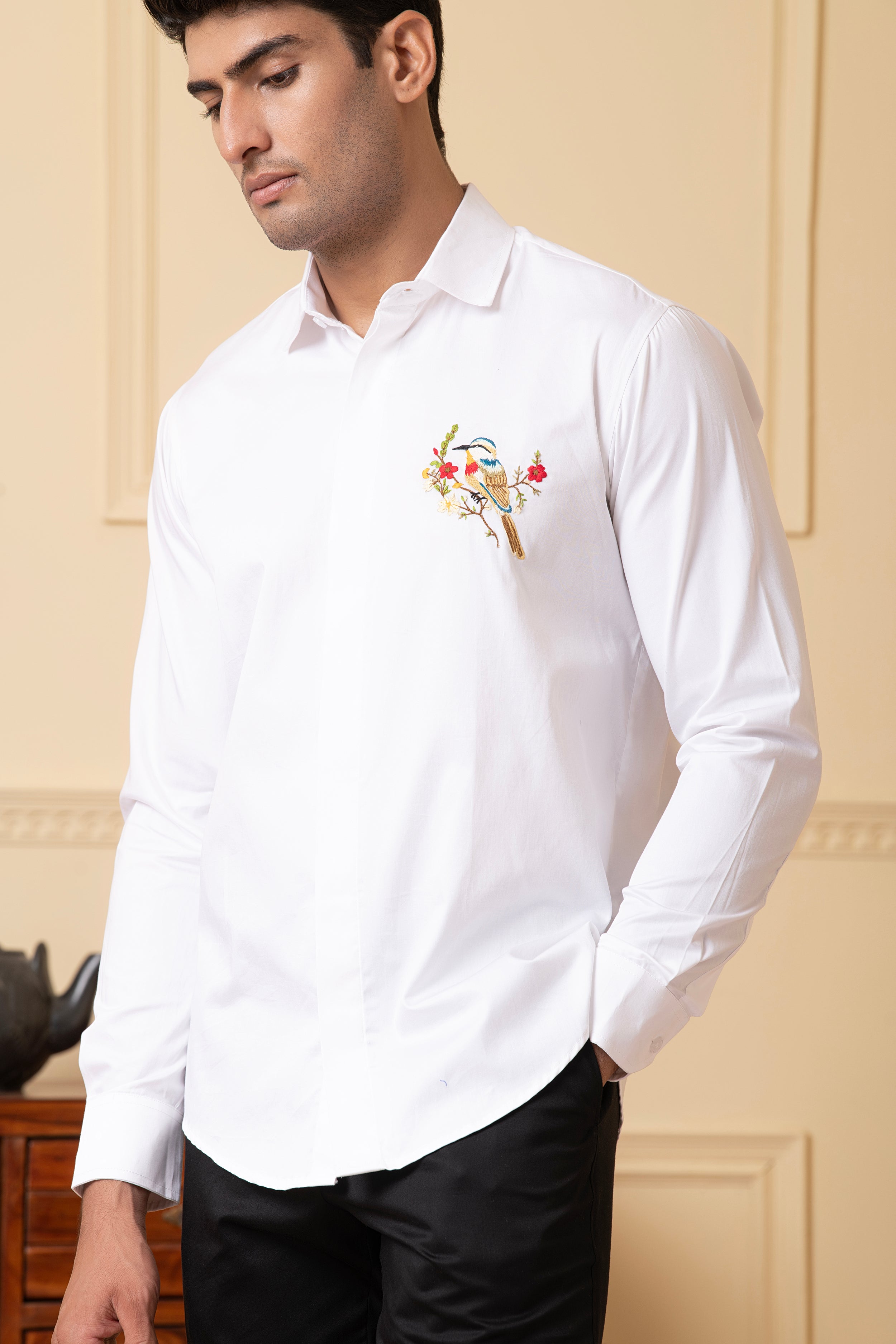 Bird And Stem Embroidery Shirt by Hilo Design | Grocsy