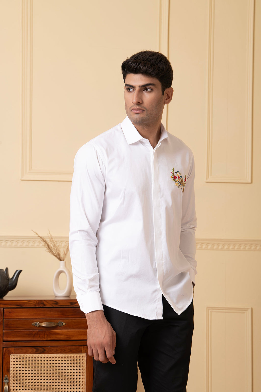 Bird And Stem Embroidery Shirt by Hilo Design | Grocsy