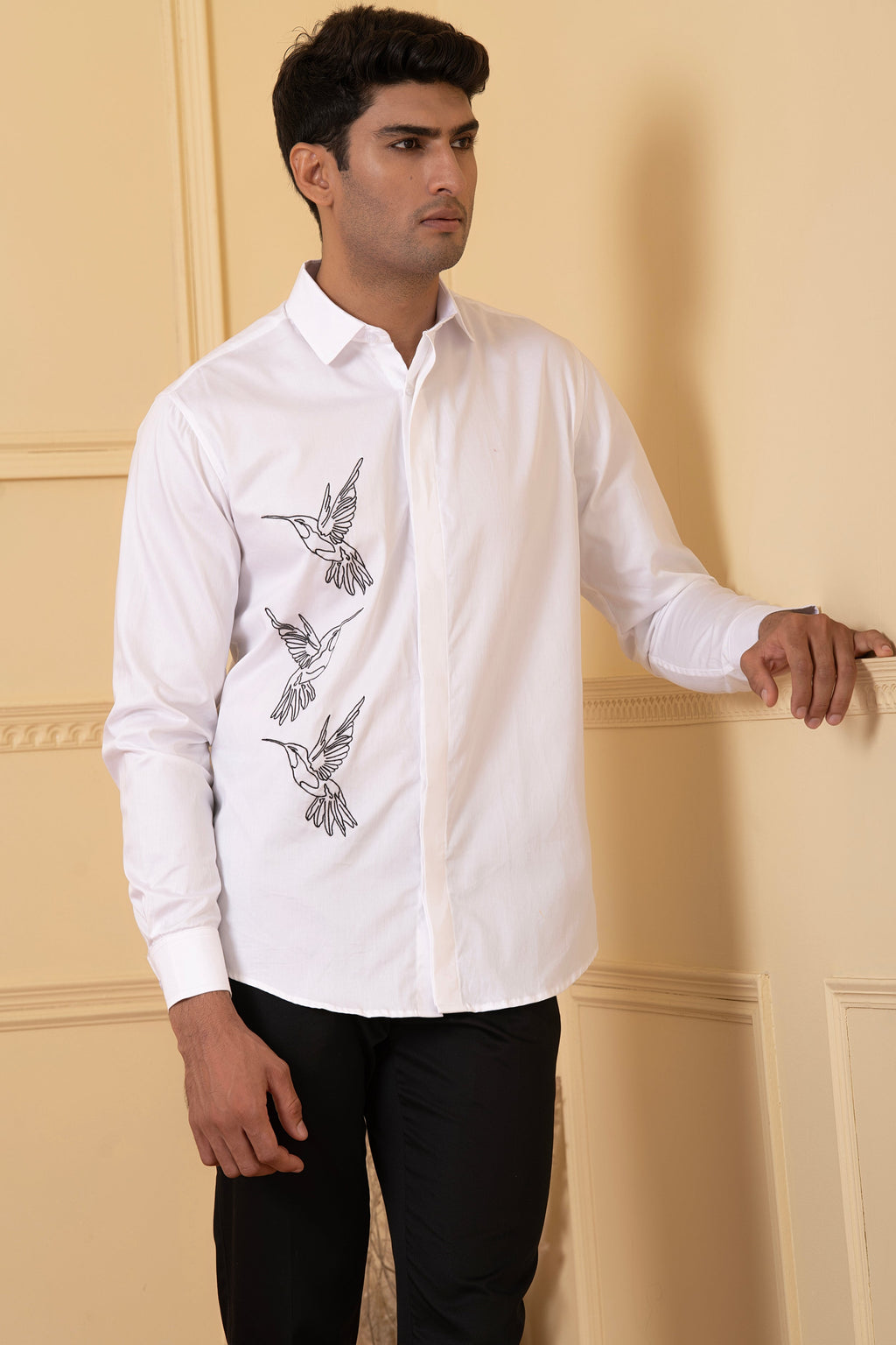 Aurora Birds Line Embroidery Shirt by Hilo Design | Grocsy