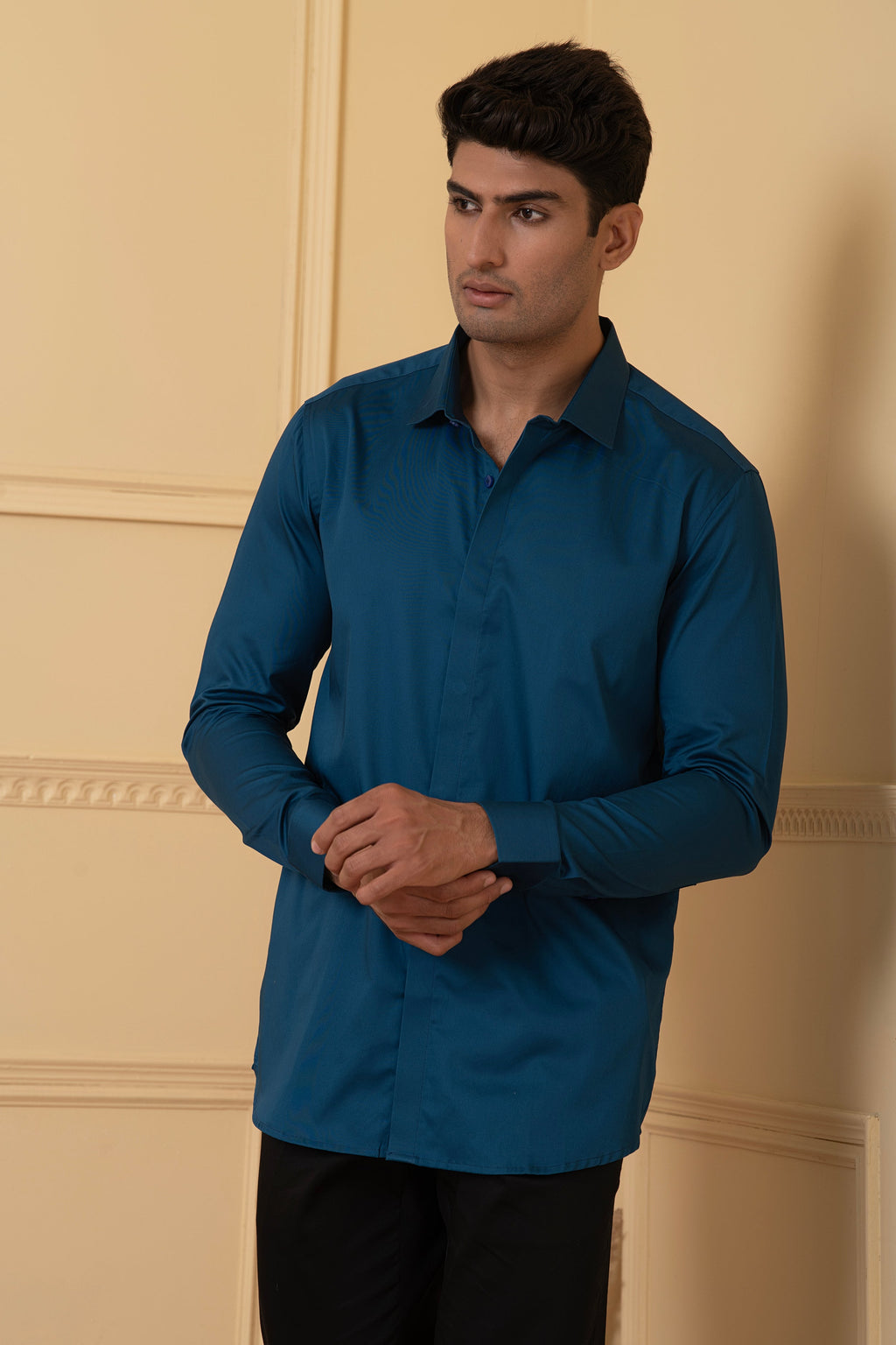 Solid Teal Blue Plain Shirt by Hilo Design | Grocsy
