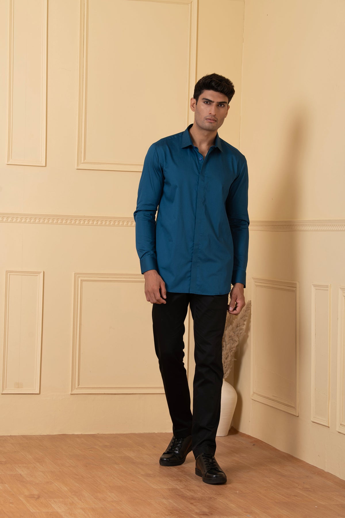 Solid Teal Blue Plain Shirt by Hilo Design | Grocsy