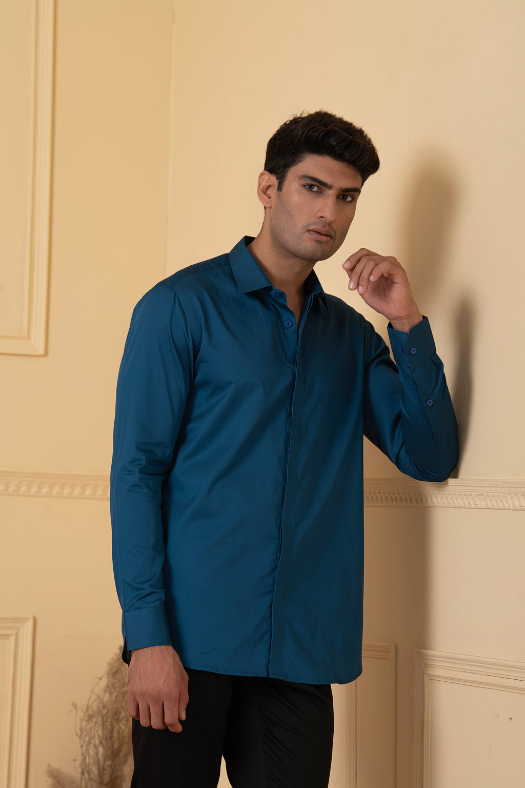 Solid Teal Blue Plain Shirt by Hilo Design | Grocsy