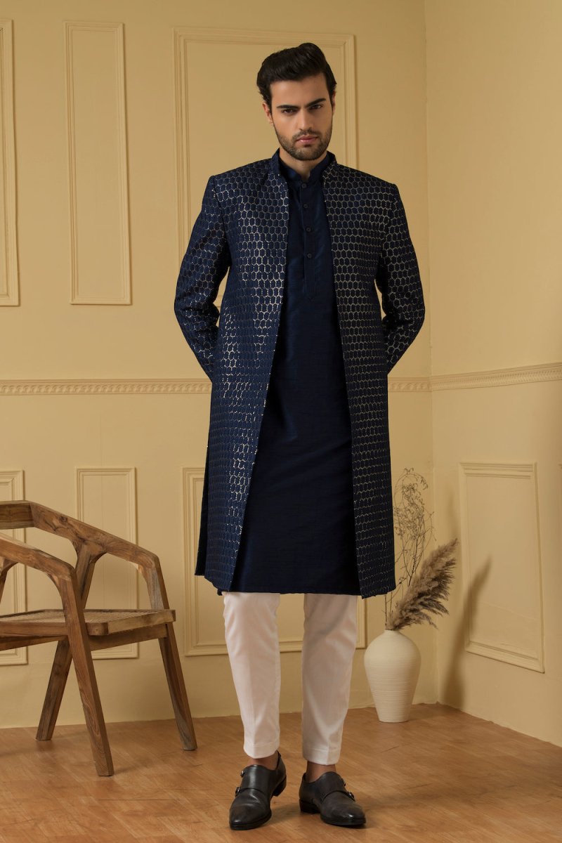Azure Allure Designer Men's Indo western Set by Hilo Design | Grocsy