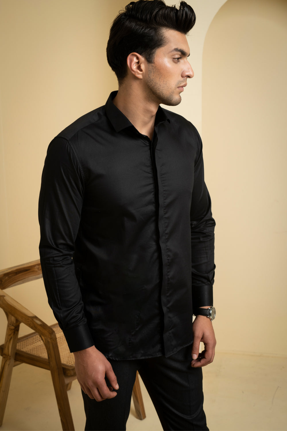 Perto Designer Solid Black Men's Shirt by Hilo Design | Grocsy