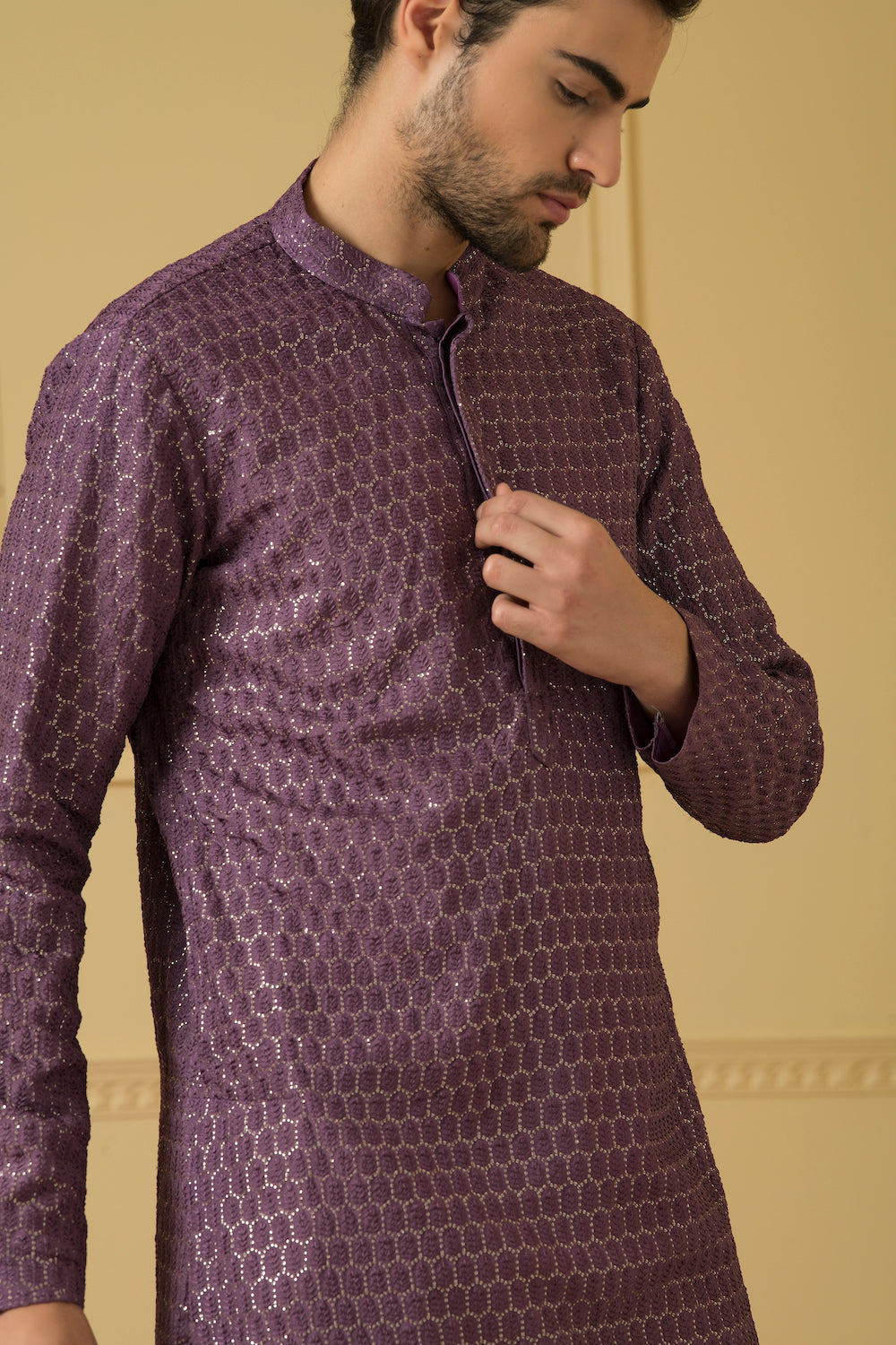 Purple Lucknowi Threadwork Kurta by Hilo Design | Grocsy