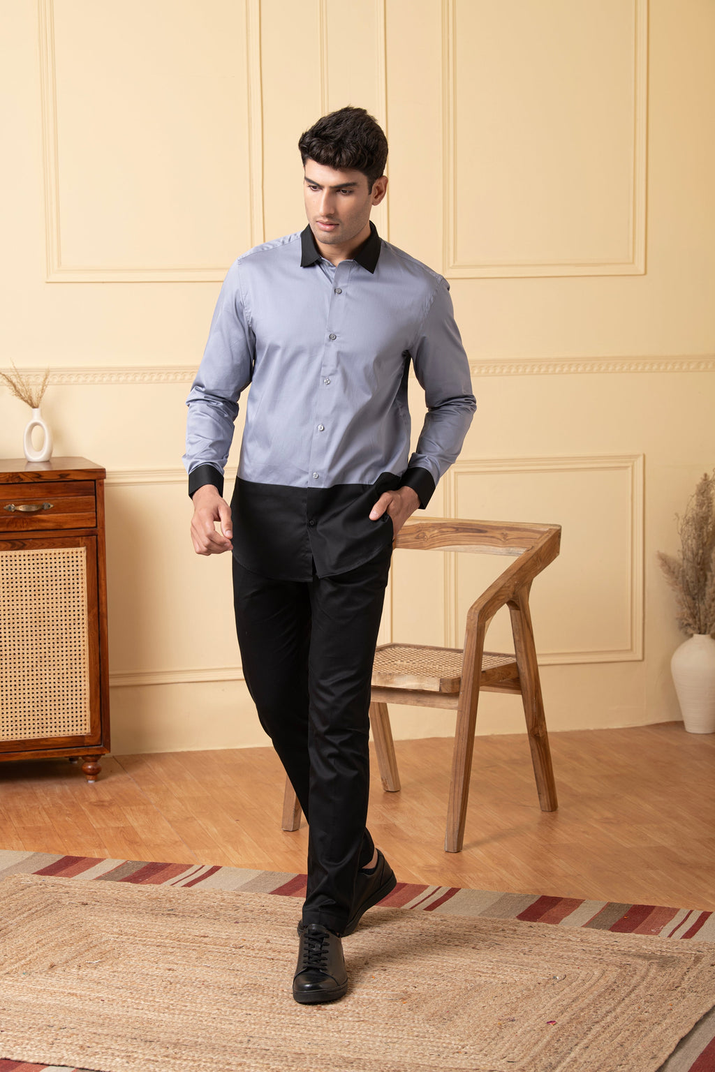 Grey Shirt With Black Patch Below The Pocket, And Black Collar by Hilo Design | Grocsy