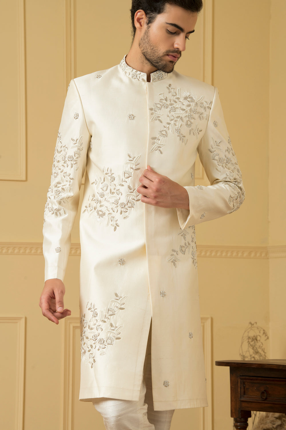 Crema Designer Men's Sherwani by Hilo Design | Grocsy