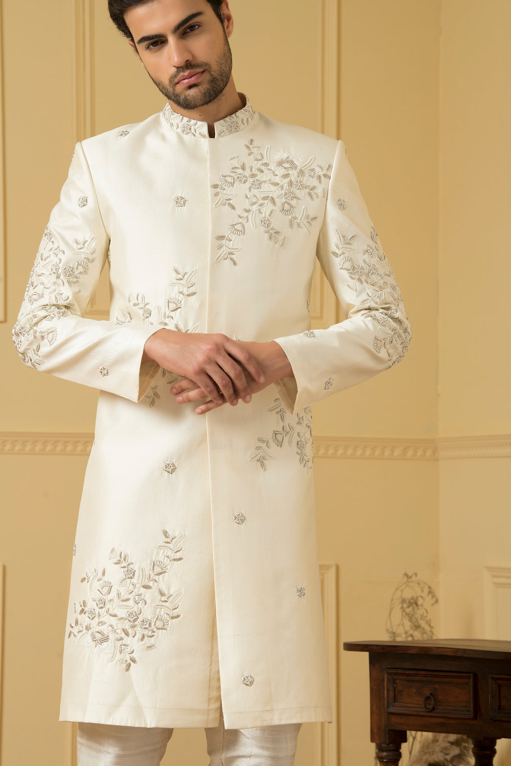 Crema Designer Men's Sherwani by Hilo Design | Grocsy