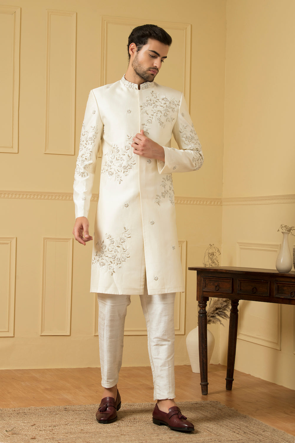 Crema Designer Men's Sherwani by Hilo Design | Grocsy