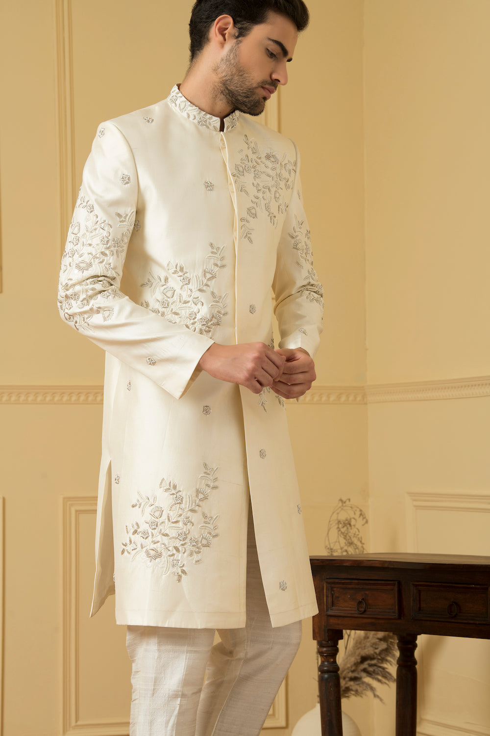Crema Designer Men's Sherwani by Hilo Design | Grocsy