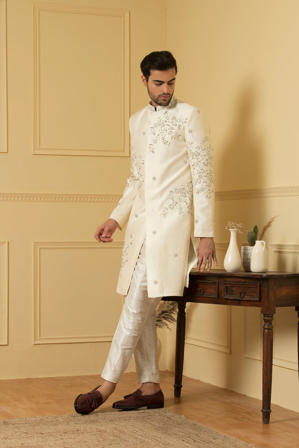 Crema Designer Men's Sherwani by Hilo Design | Grocsy