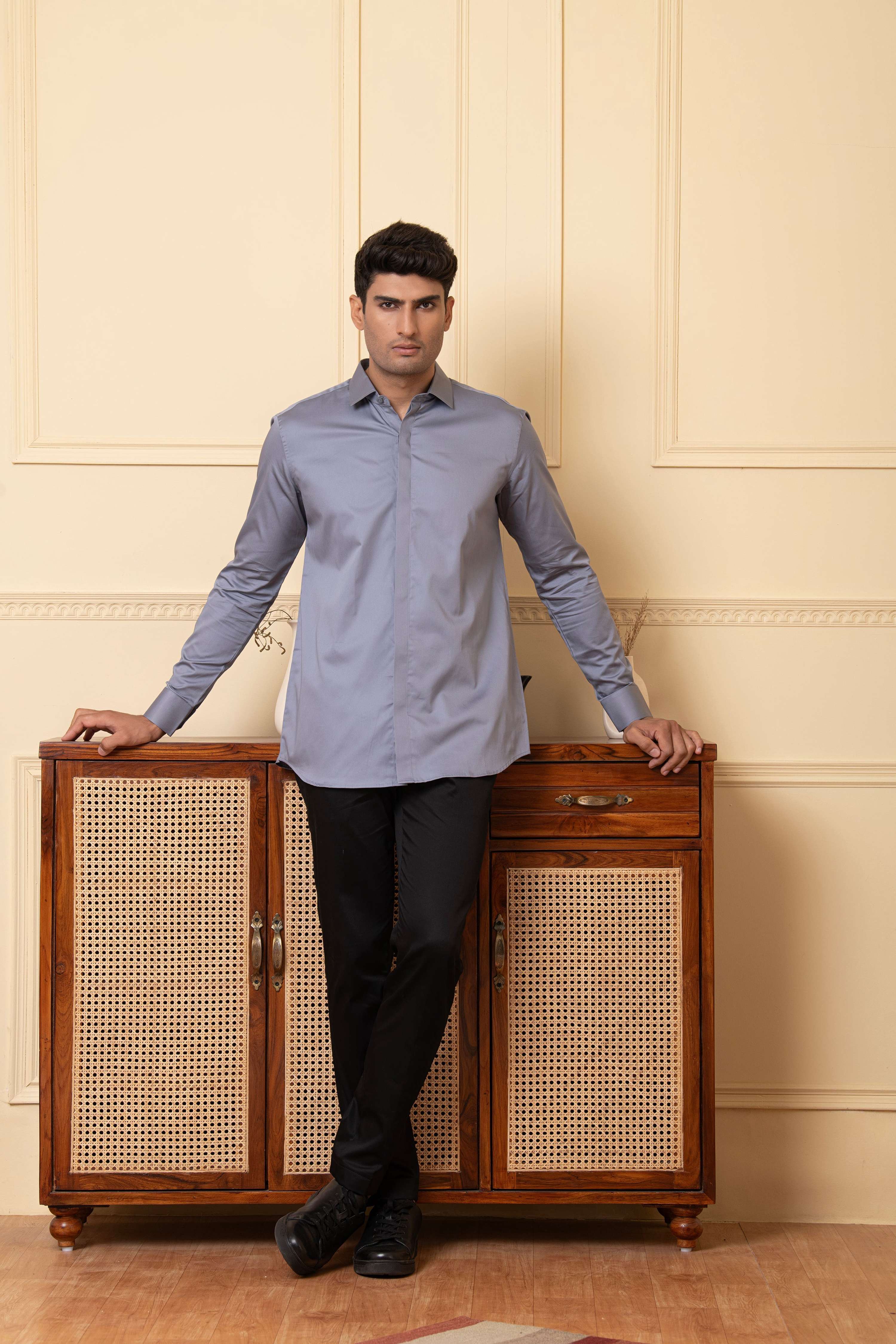 Solid Grey Plain Shirt by Hilo Design | Grocsy