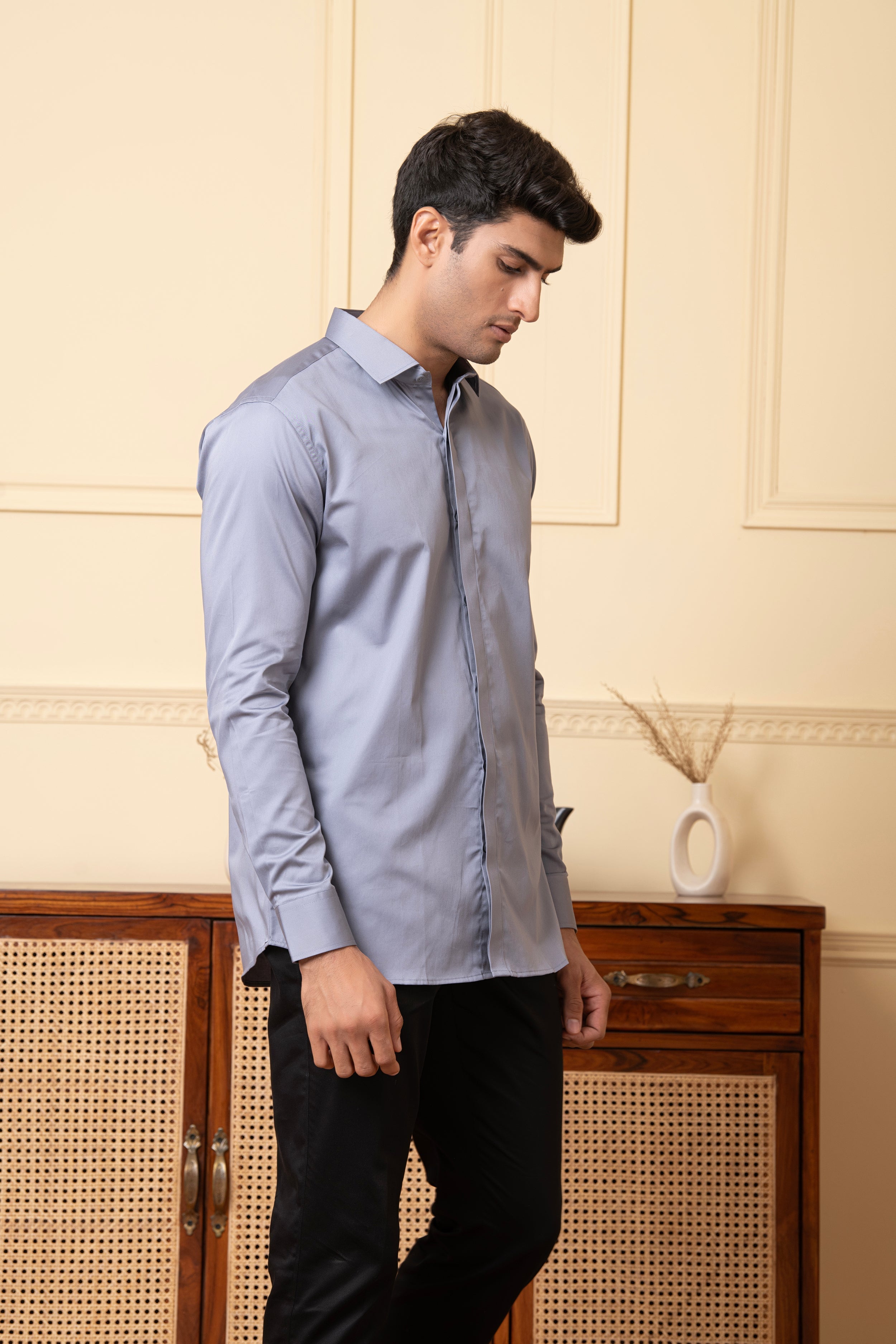 Solid Grey Plain Shirt by Hilo Design | Grocsy