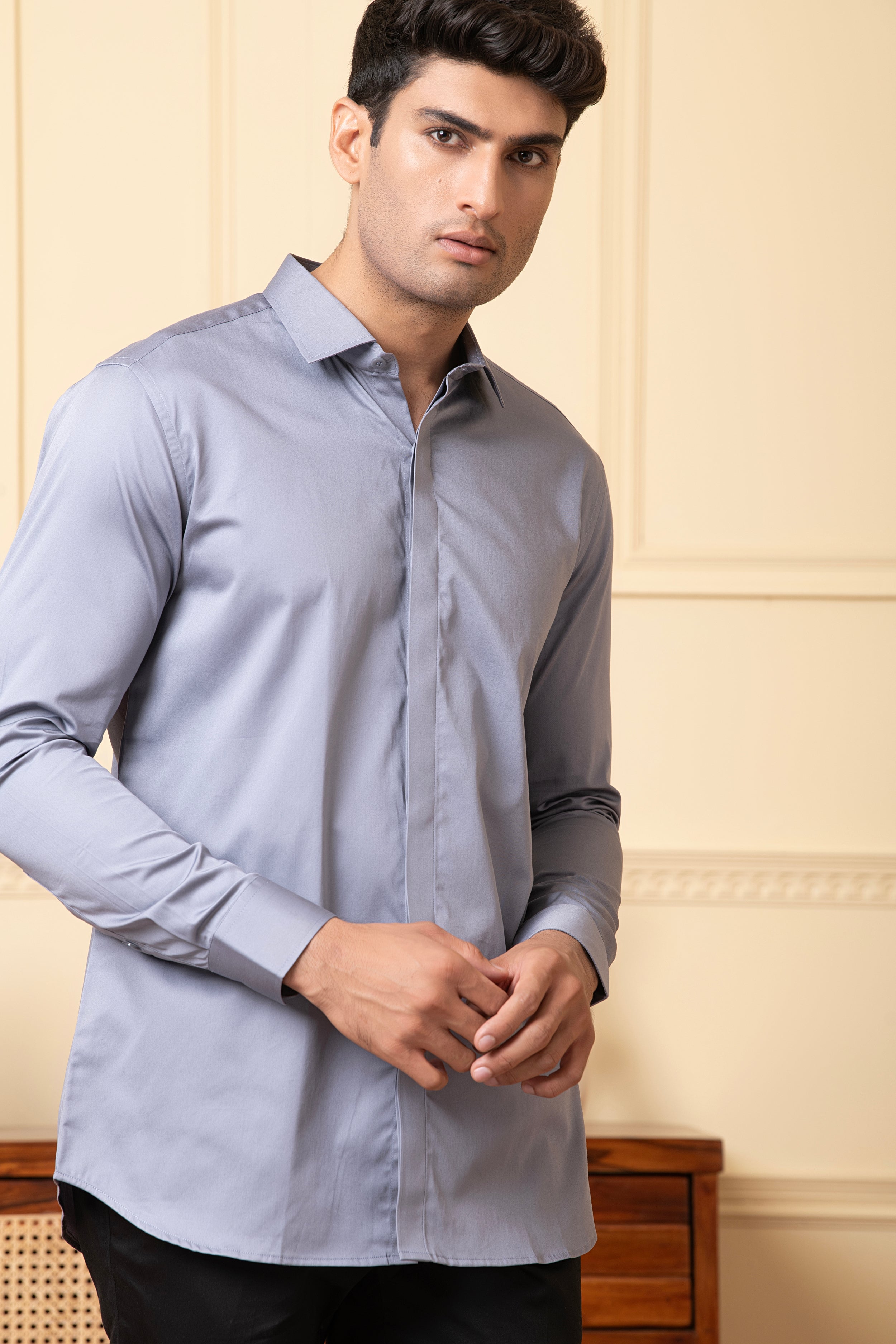 Solid Grey Plain Shirt by Hilo Design | Grocsy