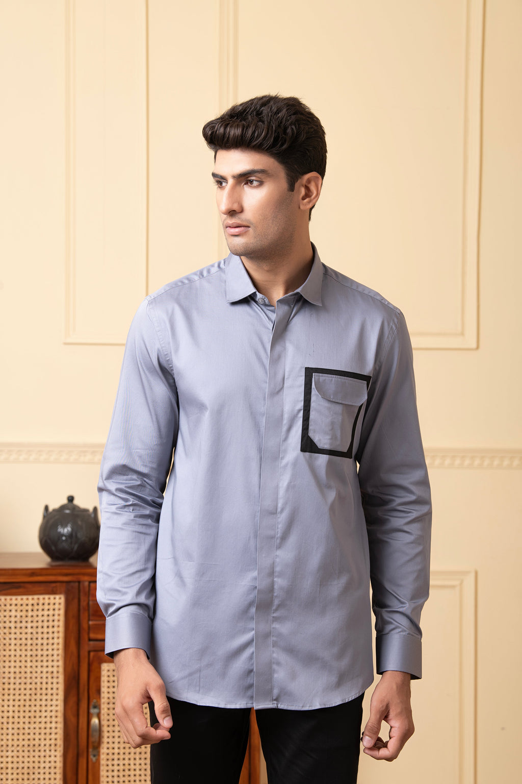 Black Shirt With Grey And White Patch by Hilo Design | Grocsy