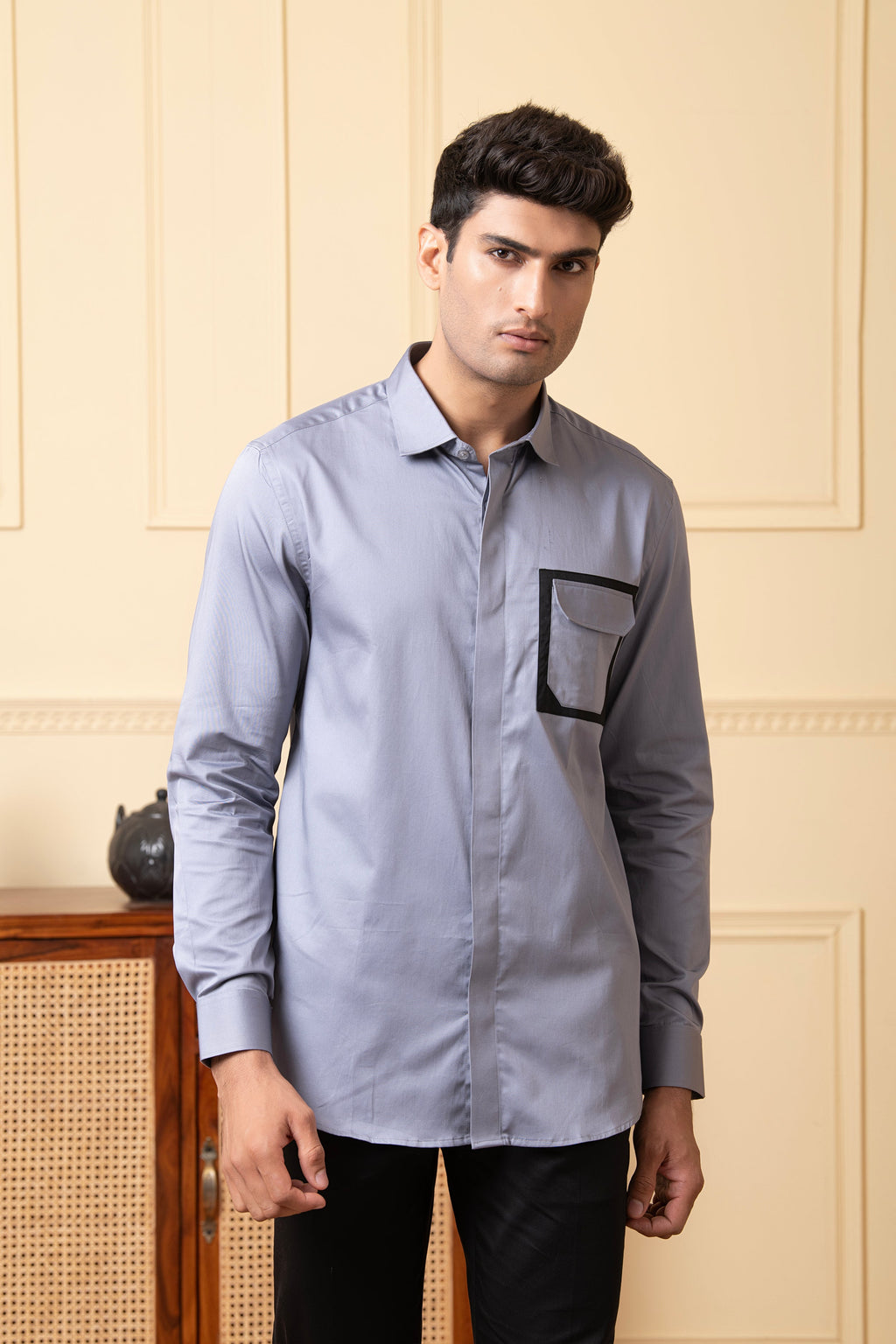Black Shirt With Grey And White Patch by Hilo Design | Grocsy