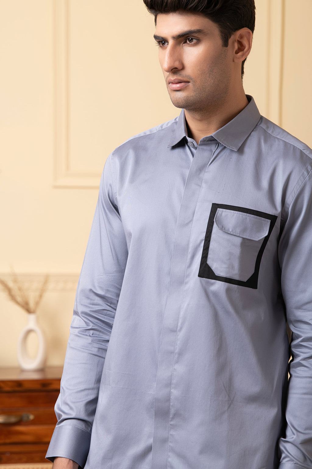 Black Shirt With Grey And White Patch by Hilo Design | Grocsy
