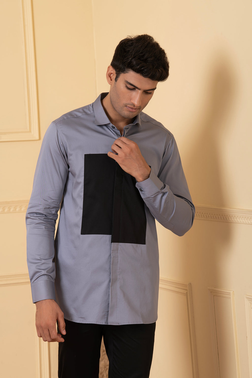 Grey Shirt With Black Patch Box by Hilo Design | Grocsy