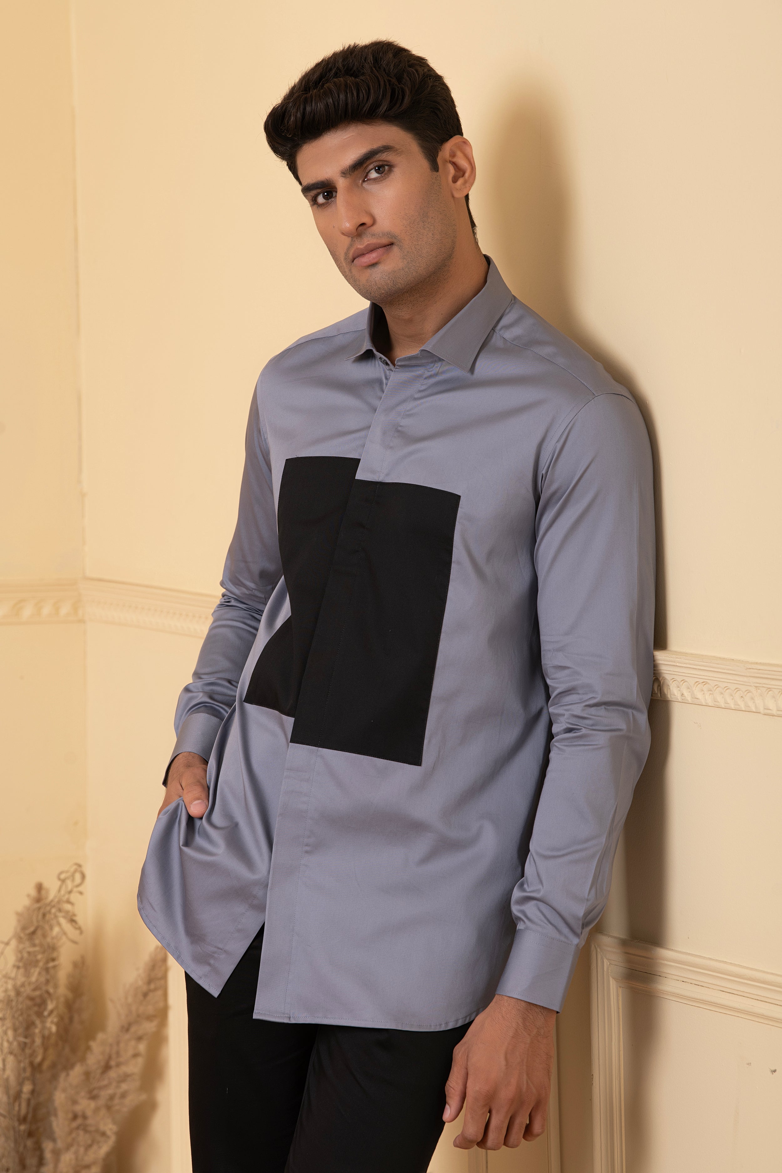 Grey Shirt With Black Patch Box by Hilo Design | Grocsy