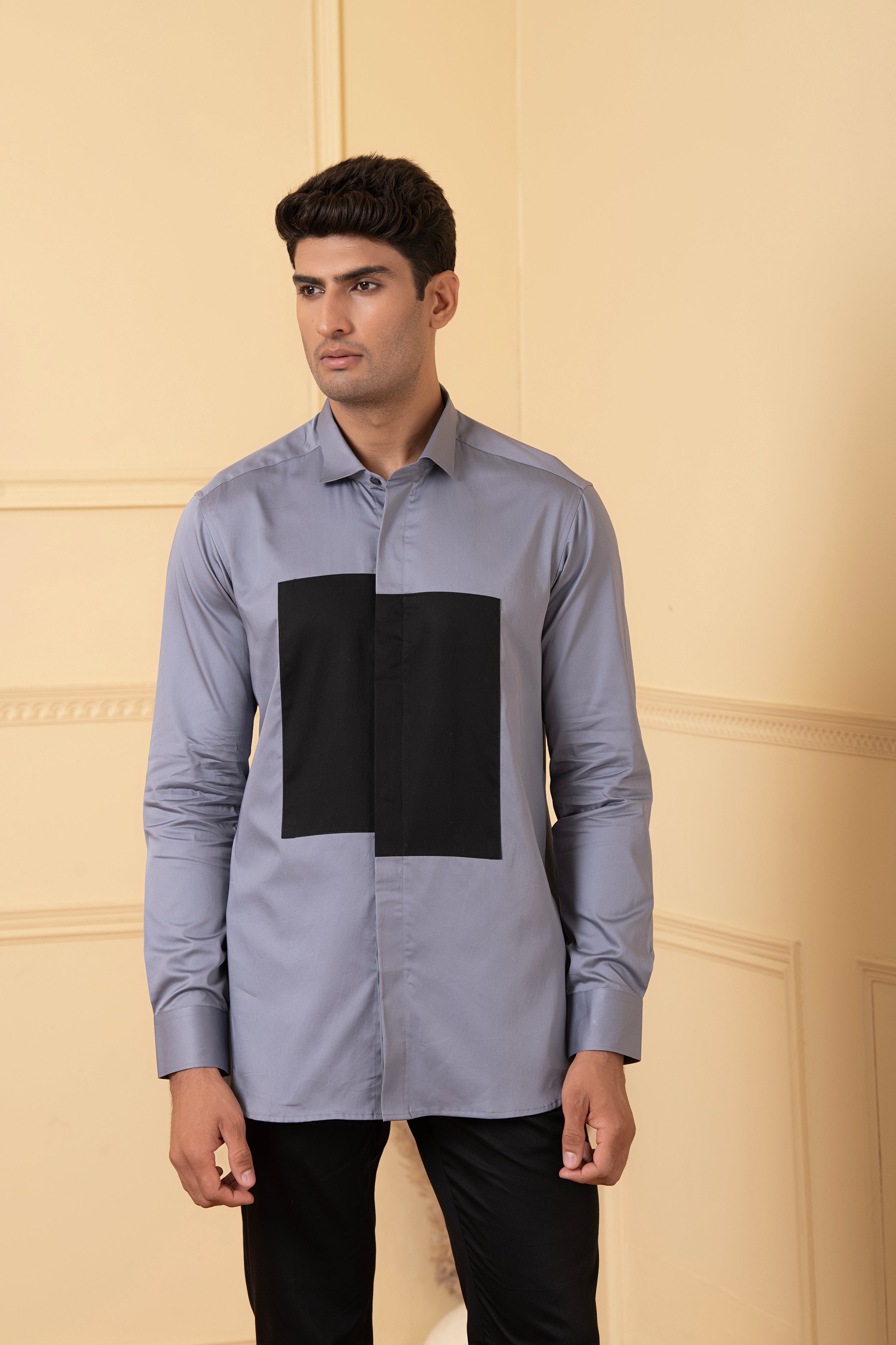 Grey Shirt With Black Patch Box by Hilo Design | Grocsy