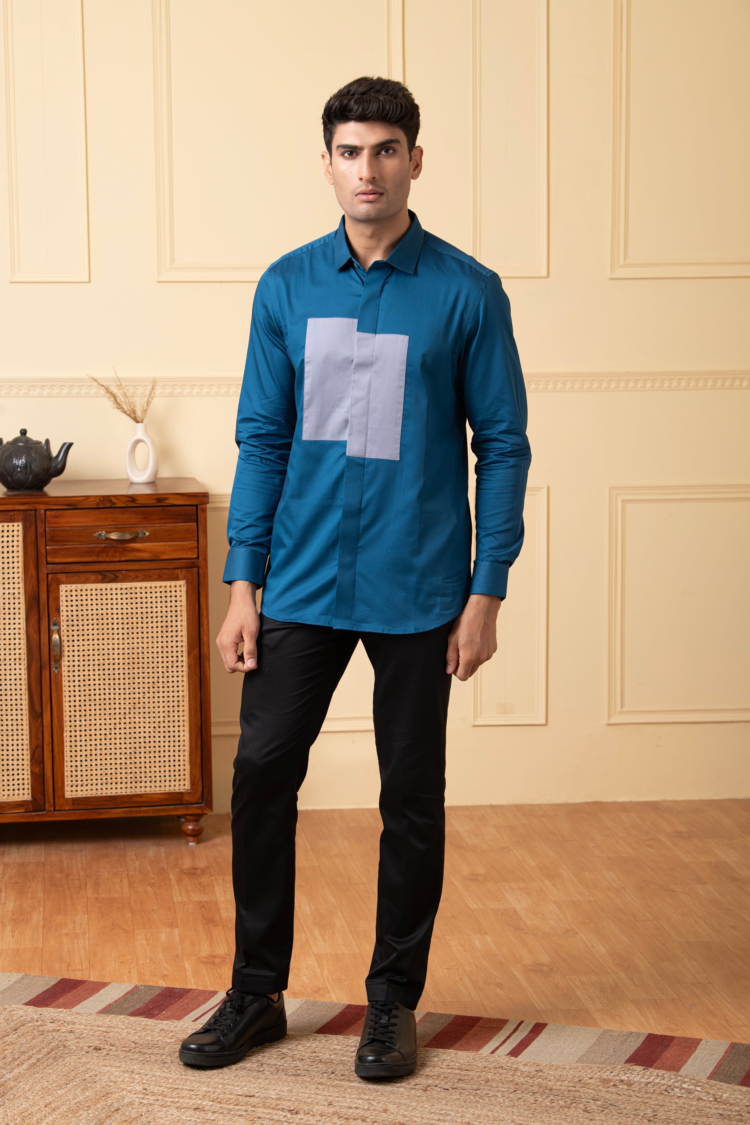 Blue Shirt With A Grey Patch Box by Hilo Design | Grocsy