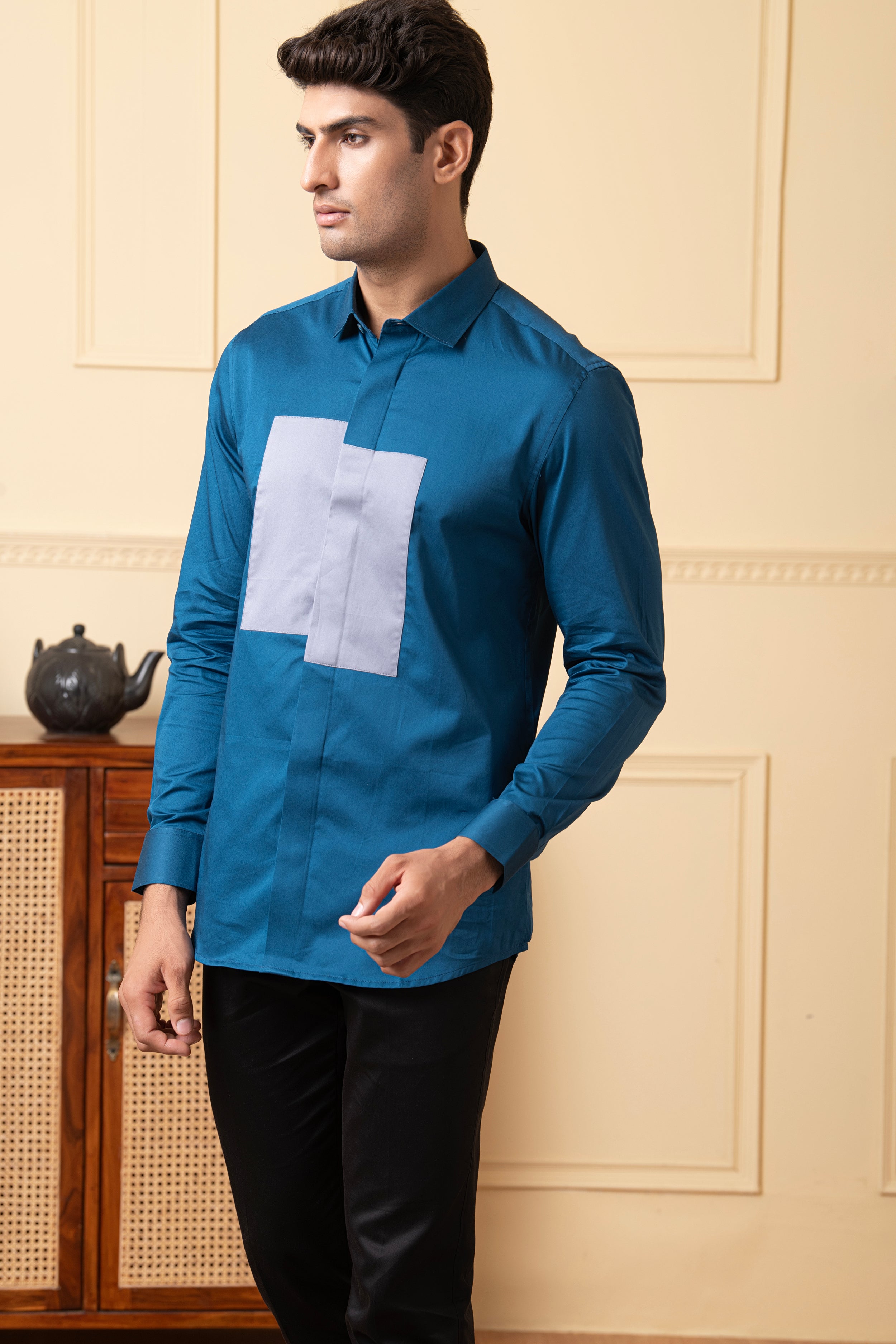 Blue Shirt With A Grey Patch Box by Hilo Design | Grocsy