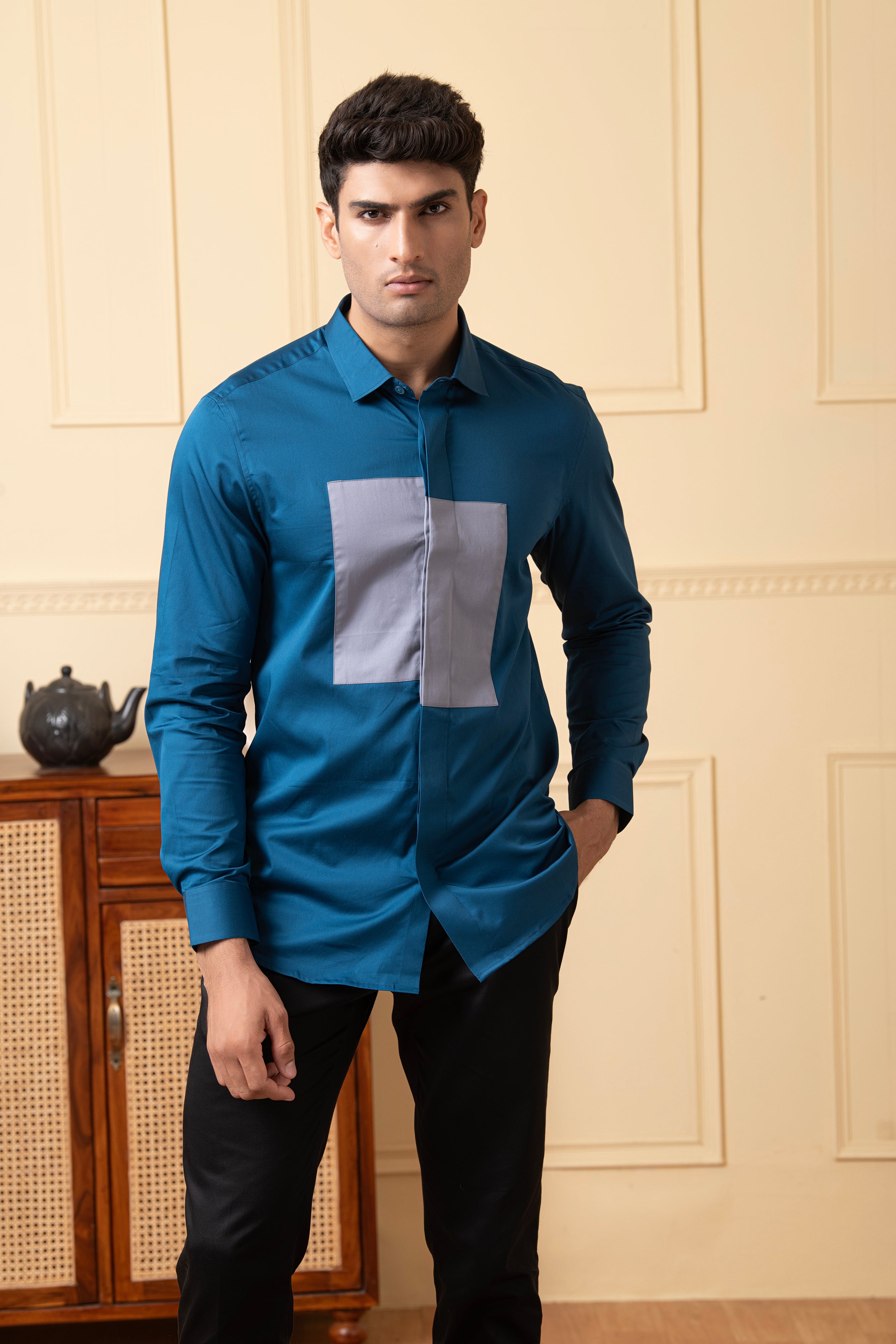 Blue Shirt With A Grey Patch Box by Hilo Design | Grocsy