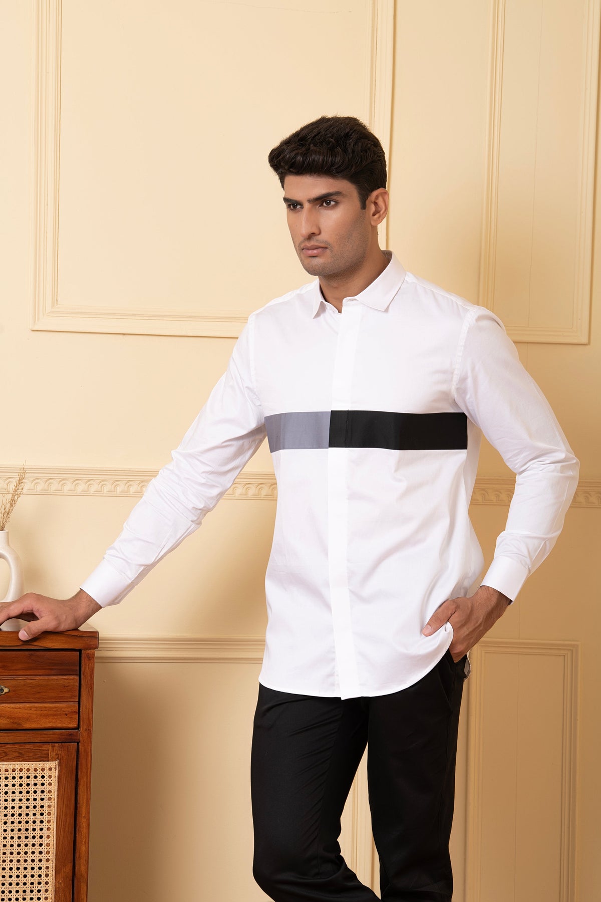 White Shirt With Grey And Black Horizontal Strip by Hilo Design | Grocsy
