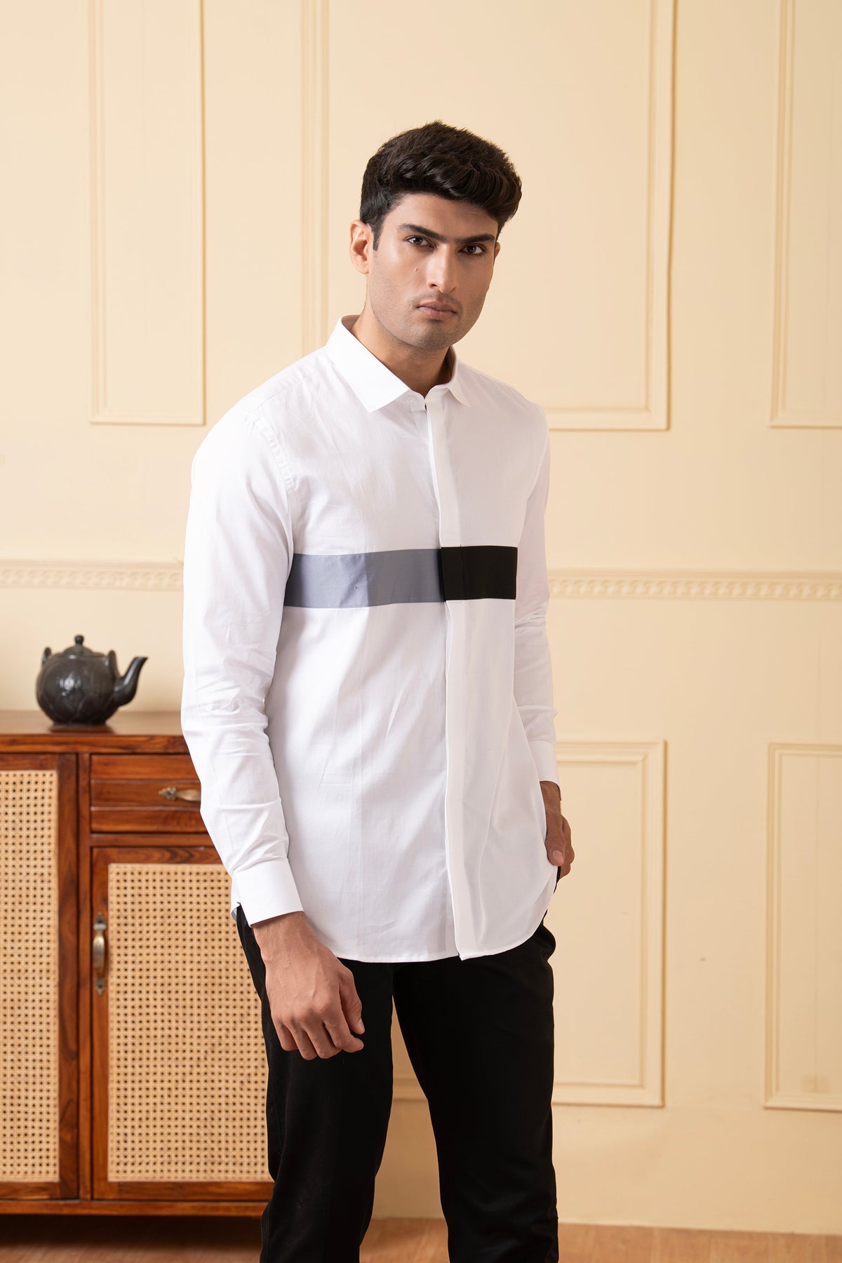 White Shirt With Grey And Black Horizontal Strip by Hilo Design | Grocsy