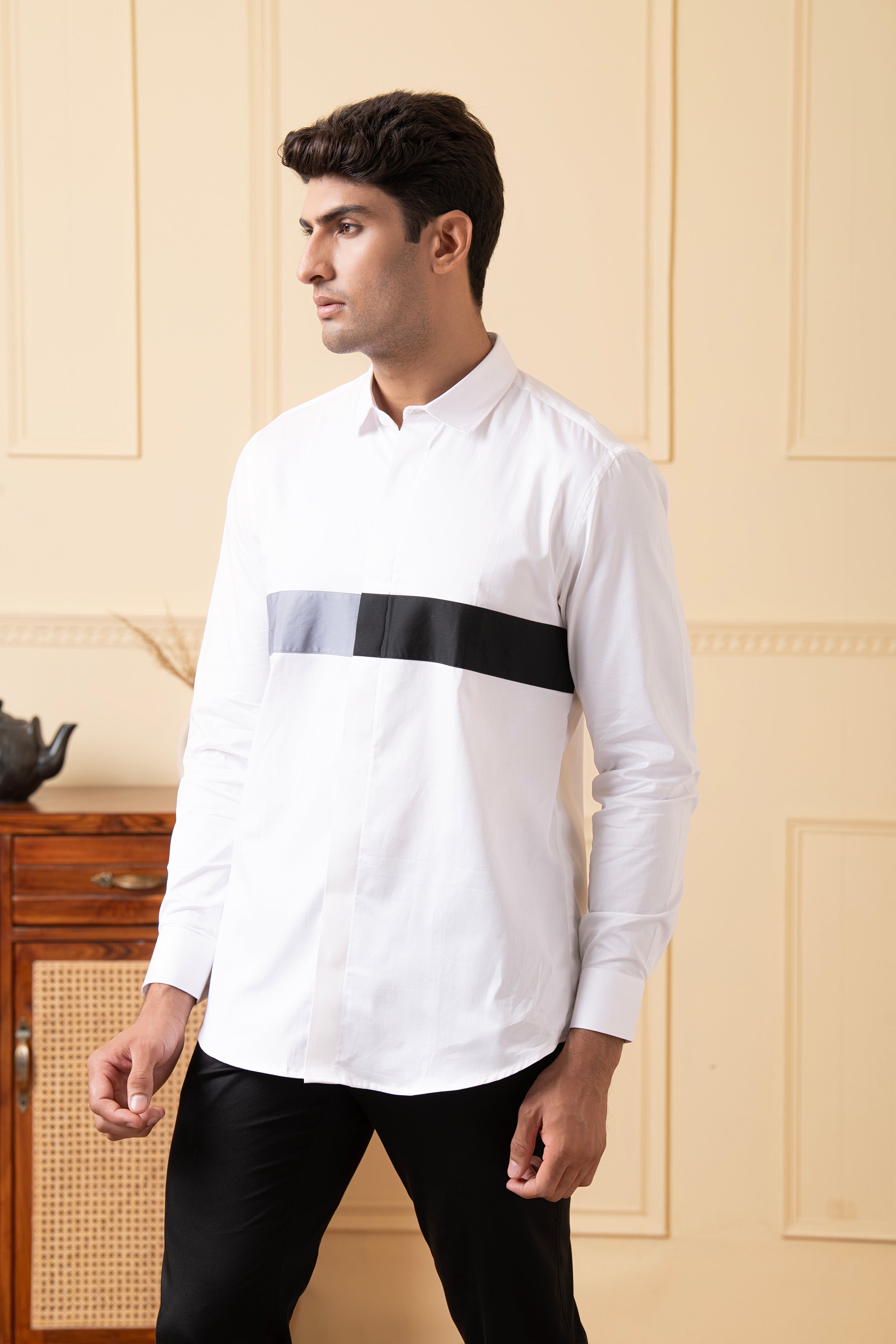 White Shirt With Grey And Black Horizontal Strip by Hilo Design | Grocsy